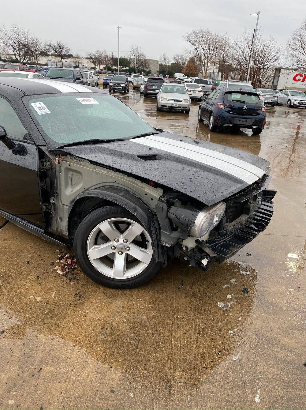 Dodge Challenger front end before repair, bumper cover gone